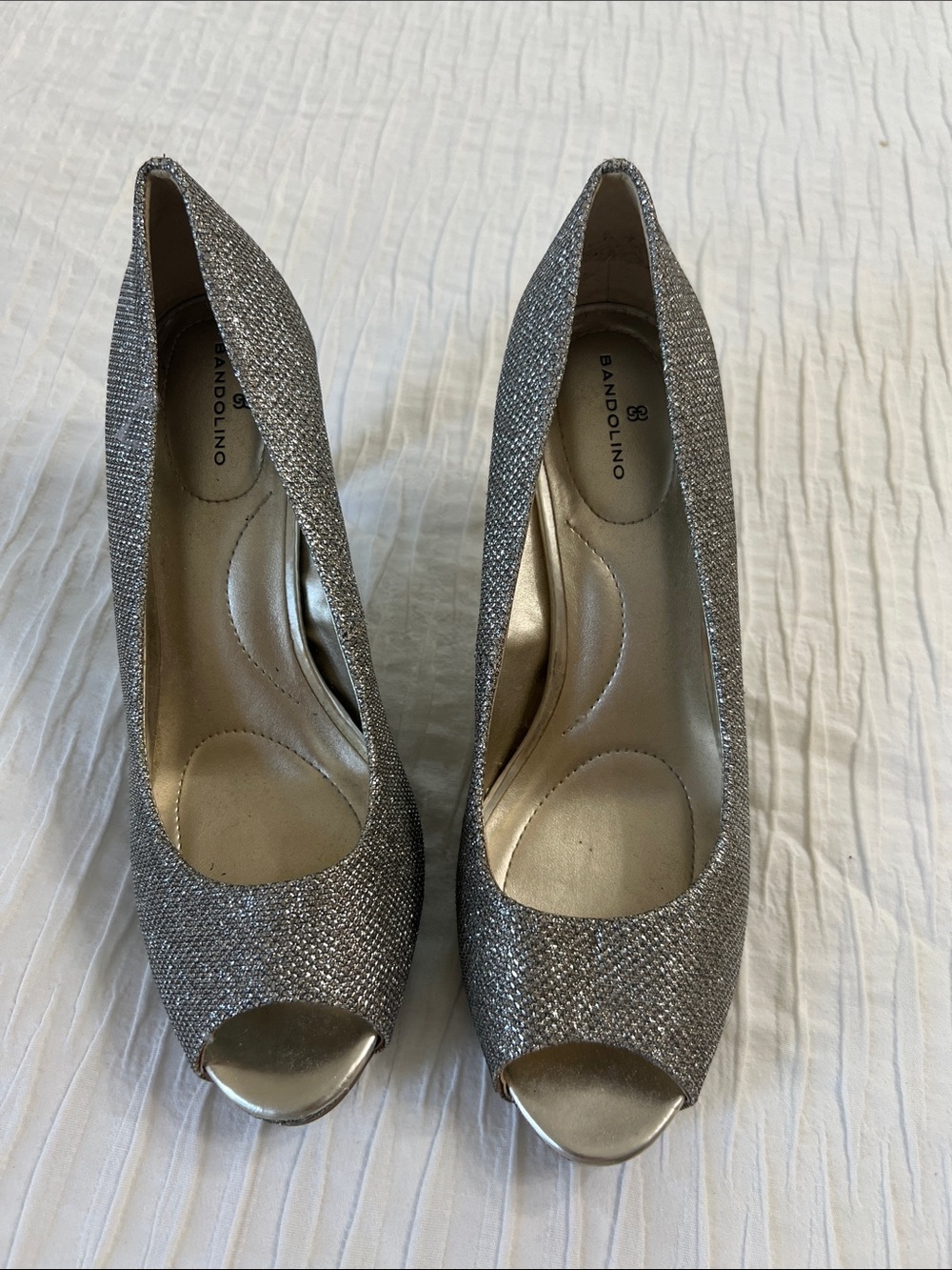 Bandolino Metallic Silver Glitter Peep-Toe Heels
